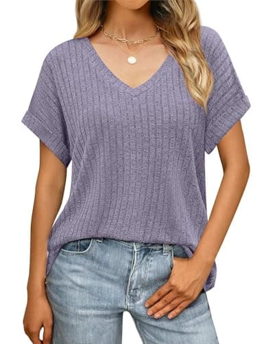 JUSTFASHIONNOW Summer Tops for Women Trendy Short Sleeve V Neck T Shirts 2026 Fashion Basic Tees Dressy Casual Vacation Outfits Purple S - Thumbnail 2