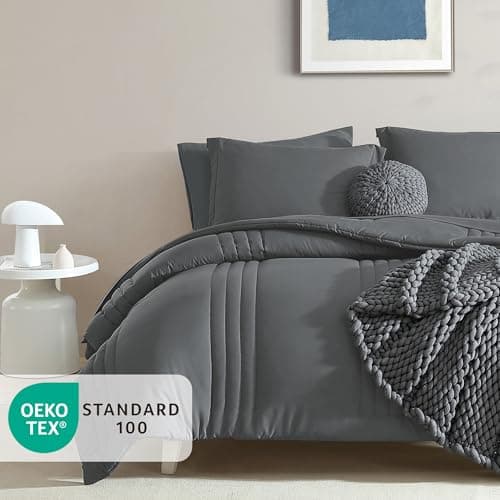 Monbix California King Size Comforter Set - 7 Pieces Bed in a Bag California King, Grey Bedding Sets with Comforter, All Seasons Comforter Bed Set with Sheets, Pillowcases & Shams - Thumbnail 2