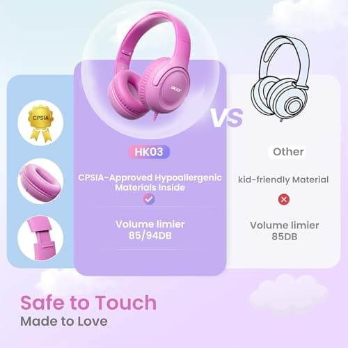 Acer Kids Headphones - 85/94dB Volume Limiter, Foldable Wired Over Ear Headphones for Travel, 3.5mm Jack, Toddler Headphones for School, Travel, iPad, Tablet, Pink Gradient, HK03 - Thumbnail 3