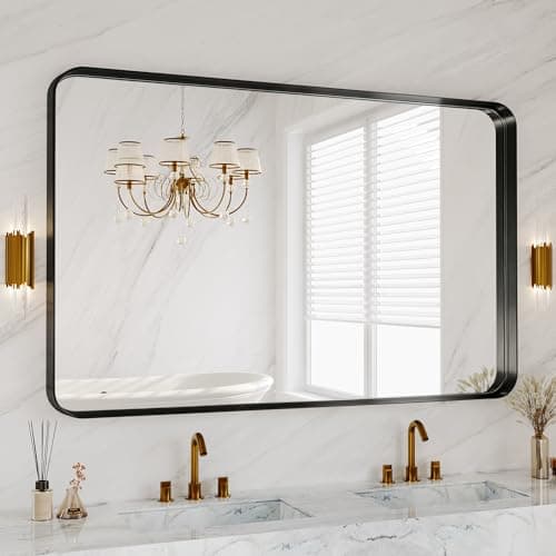 55X36 Inch Black Metal Framed Bathroom Mirror for Wall, Matte Vanity Mirror Farmhouse for Over Sink, Large Rounded Rectangle Mirror, Anti-Rust, Shatter-Proof, Hangs Horizontally or Vertically