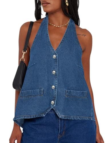 Tankaneo Womens Halter Denim Vest Tops Summer Sleeveless Open Back Y2K Going Out Jean Tank Tops V Neck Button Up Waistcoat - Image 1