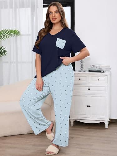 AusLook Plus Women Pajamas Set 2 Piece Lounge Sets Short Sleeve Top and Full Length Pant Chest Pocket Matching Maternity Christmas Print Lamb Print Light Blue 4X Pjs Loungewear Sleepwear - Thumbnail 2