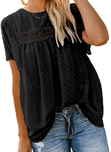 Dokotoo Womens Ladies 2026 Summer Sexy Lace Crew Neck Short Sleeve Cute Pom Pom Boho Shirts Casual Loose Solid Chiffon Blouses for Women Tops Black 1X Large - Image 1