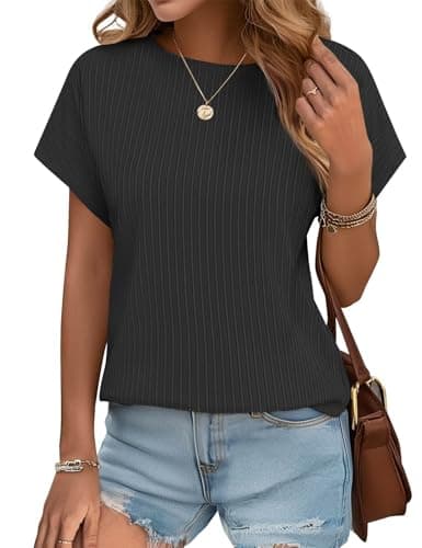JUSTFASHIONNOW Womens Short Sleeve Tops Business Casual Tops for Women Crew Neck Basic Tees Textured Work Shirts Office Outfits(Black,M) - Thumbnail 2