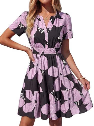 BTFBM Summer Dresses for Women 2026 Lightweight Casual Short Sleeve Floral Mini Dress A Line Beach Vacation Sundress(Black Purple Flower, Large) - Image 1