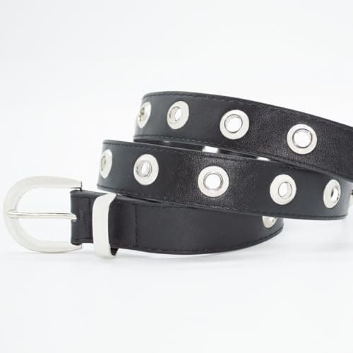 EONTISO Women Studded Leather Belt for Jeans, Punk Silver Grommets, Western Silver Buckle Black S - Thumbnail 5