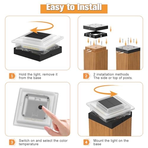 NACINIC 4x4 Solar Post Cap Lights 12 Pack, 4 Modes Outdoor Post Lights Solar Powered Dusk to Dawn Outdoor Post Light Solar Light for 4x4 3.5x3.5 Fence Post Mailbox Post - Thumbnail 6
