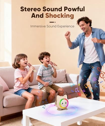 Mini Karaoke Machine Toy for Kids, Portable Karaoke Machine with 2 Wireless Microphone for 4,5,6,7,8,9,10,11,12+ Years Old Christmas Birthday Gifts Girls Boys (Beige) - Thumbnail 4