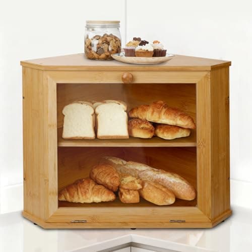 Bamboo Corner Bread Box for Kitchen Countertop - Double Layer Bread Storage with Clear Acrylic Window, Wooden Bread Keeper Organizer for Homemade Bread, Under Cabinet Mount, Fits Countertop & Pantry