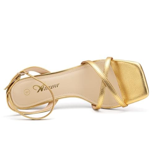 Athlefit Gold Kitten Heels for Women Square Open Toe Strappy Heeled Sandals Ankle Strap Party Dress High Heels for Prom Wedding Size 8.5 - Thumbnail 5