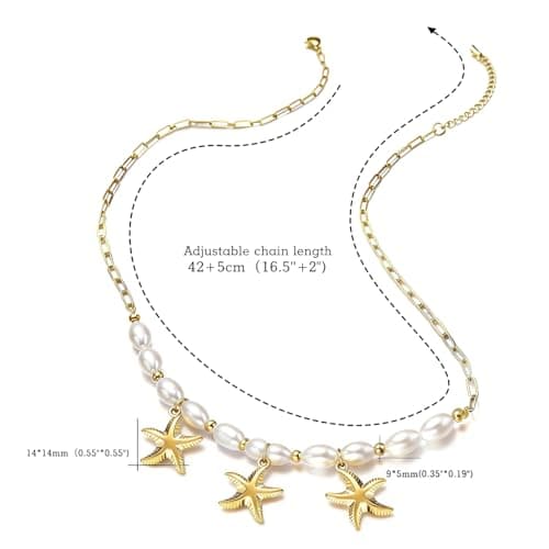 Starfish Necklace for Women: 14K Gold Plated 3-Piece Pendant with 10 Simulated Pearls on Stainless Steel Chain | Cute Boho Beach Jewelry Gift for Summer (Gold) - Thumbnail 5
