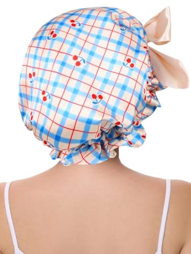 Vettres Cute Adjustable Silk Bonnet for Sleeping Double Layer Satin Cap Hair Sleep Bonnet for Curly Hair Cherry Blue - Thumbnail 4