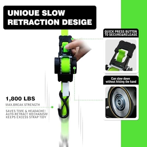 Retractable Ratchet Straps (4-Pack) - Heavy Duty Auto Slow Retraction Tie Down Straps - 1 Inch x 13 Feet (1,800lb Break Strength) for Truck, Cargo Trailer, Motorcycle, ATV, UTV - Fluorescent Green - Thumbnail 2