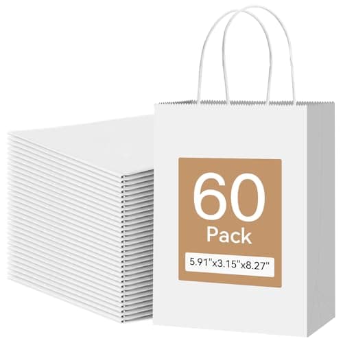 Qioxiou 60 Pack White Gift Bags 5.91x3.15x8.27 Small Kraft Paper Gift Bags with Handles Bulk, White Paper Sacks for Wedding Birthday Party Favor, Retail, Merchandise, Small Grocery, Shopping, Business - Image 1