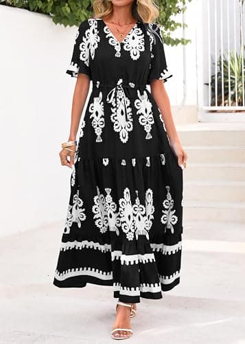 Lazysmile Summer Dresses for Women Short Sleeve V Neck Floral Drawstring Flowy A Line Boho Maxi Dress with Pockets Black - Thumbnail 5