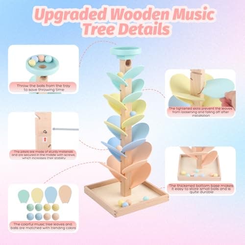 Wooden Marble Run Ball Drop Montessori Toys for Toddlers 4-8 Boys Girls Kids Wood Music Tree Marble Ball Run Game 3-5 8-12 Years Old Learning Color Sorting Sensory Toys Birthday Gift (Height: 20.5") - Thumbnail 4