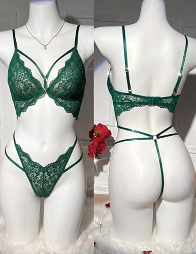 Avidlove Sexy Lingerie for Women Deep V Lace Teddy Cutout One Piece Bodysuit Lingerie for St.Patric's Day Green L - Thumbnail 2