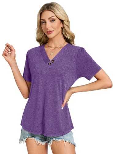 VUTRU Short Sleeve Shirts for Women Blouses Summer Tops Petite Henley Tunic Dressy Casual Plus Size Holiday Boho Clothing, Purple S - Thumbnail 6