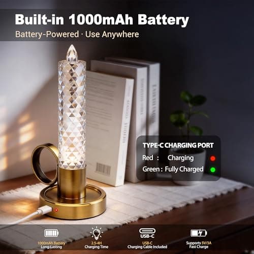 JandCase Flameless Candles, Rechargeable Taper Candles Battery Operated, LED Acrylic Crystal Pillar Candles, 0.4W Dimmable Small Cordless Table Lamp for Valentines Wedding Centerpiece Decorations - Thumbnail 3