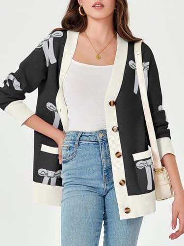 Saodimallsu Womens Oversized Cardigan Sweaters Bow Printed Button V Neck Long Sleeve Loose Knit Fall Trendy Coats Black - Thumbnail 2
