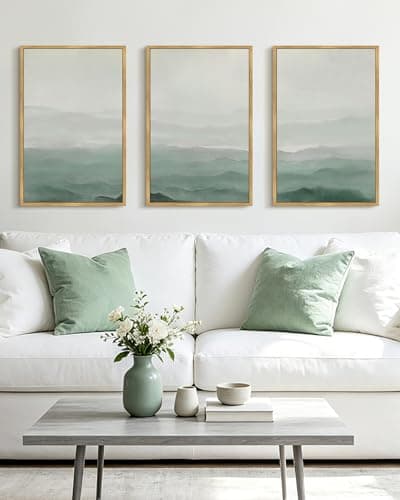 KUVIOKE Green Watercolor Mountains in Fog Framed Wall Art Wilderness Nature Landscape Artwork Painting Boho Rustic Scenic Relax Cool Home Decor 16x24in (Natural Framed) - Thumbnail 6