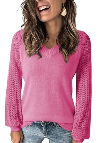 Dokotoo Womens Oversized Sweaters for Women 2026 Spring V Neck Long Puff Sleeve Solid Hollow Out Fashion Casual Loose Plain Solid Color Cable Knit Sweater Pullover Jumper Outerwear Rose XX-Large - Thumbnail 2