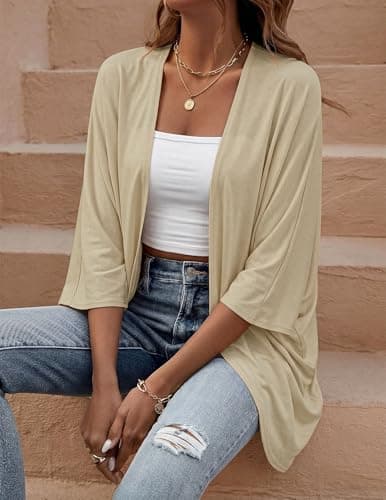 BB&KK Lightweight Cotton Fall Kimono Cardigans for Women Tops Solid Colors Boho 3/4 Batwing Khaki Large - Thumbnail 2
