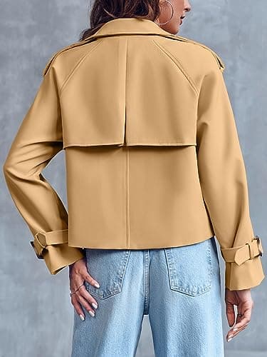 Saodimallsu Women Crop Double Breasted Trench Coat Raglan Sleeve Work Office Cropped Jacket With Pockets - Thumbnail 5
