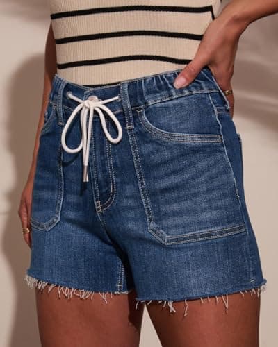 MEMVU Denim Shorts Women Elastic Waist Drawstring Stretchy Distressed Jean Shorts for Women with Pockets Casual High Waisted Stretchy Cut Off Summer Beach Ladies Shorts 2026 Dark Blue XL - Thumbnail 2