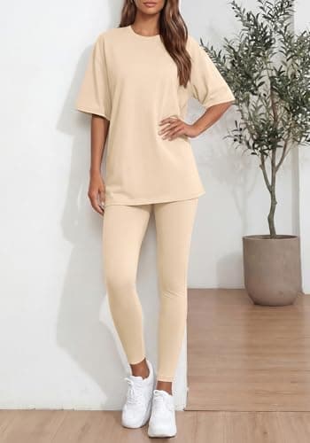 BTFBM Two Piece Lounge Set Women 2026 Spring Casual Oversized Shirts Leggings Matching Workout Airport Travel Outfits(Beige, XX-Large) - Thumbnail 5