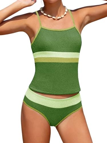 AMAWMW Girls Swimsuit Color Block Tankini Swimsuit Two Piece Bathing Suit with Chest Pad Swimwear for Girls 7-16Y, Dark Green, 7-8Y