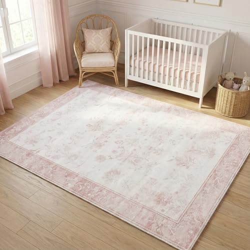 Cnythlis 3'x5' Vintage Floral Nursery Rug - Ultra Soft Washable Area Rug for Baby Girl Room, 0.26" Low Pile Faux Wool Carpet for Bedroom Bedside - Non-Slip Silicone Backing, Pink & White - Image 1