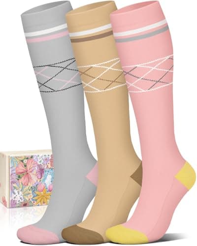 Cotton Compression Socks for Women&Men-Knee High Cute Support Sock striped fashion soft cozy lounge holiday present option argyle gray beige pink gifts L-XL - Image 1