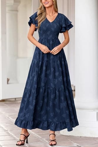 dowerme Maxi Dresses for Women 2026 Summer Ruffle Sleeve V Neck Smocked A Line Floral Boho Tiered Sundress Spring Outfit(Navy Blue,Small) - Thumbnail 3
