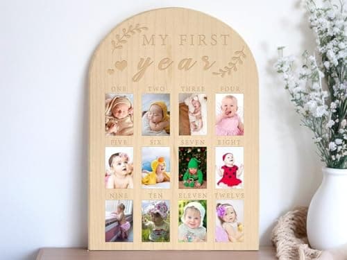 My First Year Photo Board, 12 Months Big Wooden Baby Milestone Display Frame, 1st Birthday Decorations Girl Boy Nursery Keepsake Gift for New Mom, My First Photo Album for Baby - Image 1