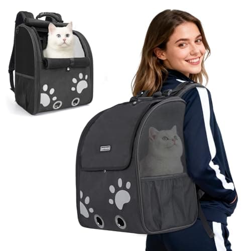 Cat Backpack Carrier with Comfort Handle, Ventilated Cat Backpack with Reflective Strips, with Chest and Shoulder Buckles, Foldable Cat Carrying Backpack for Kitty Small Dog up to 15lbs(Black).