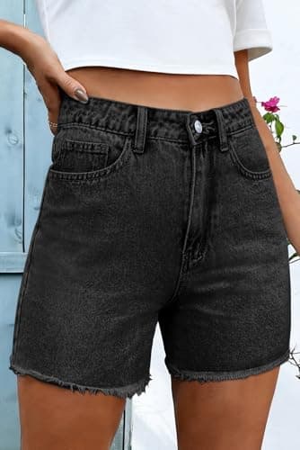 Pink Queen Women's High Waisted Denim Shorts 2026 Casual Star/Bow Frayed Hem Summer Hot Short Jeans with Pockets Black L - Thumbnail 2