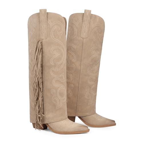 QIY Womens Suede Nude Boots Knee High Cowboy Boots for Women Cowgirl Fold Over Wide Calf Cowboy Boot for Women Fringe Western Embroidered Pointed Toe Chunky with Tassels Tall Cow Girl Boot Size 6.5 - Thumbnail 6