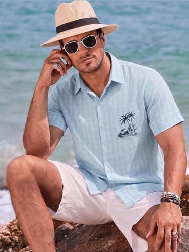 Havana Breeze Mens Hawaiian Shirt Short Sleeve Plaid Beach Shirts Casual Relaxed-Fit Print Camp Shirts Light Blue L - Thumbnail 2
