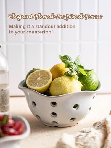 Gomakren Fruit Basket Set of 2, Ceramic Fruit Bowl Berry Basket with Holes, 7.6 Inch Fruit Containers Colander for Fridge - Farmhouse Kitchen Decor, White - Thumbnail 2