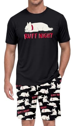 PrinStory Men's Ruff Night Pajama Set, Funny Dog Graphic Tee and Printed Shorts, Novelty Sleepwear Loungewear Set for Home and Weekend Relaxing, Black M - Image 1