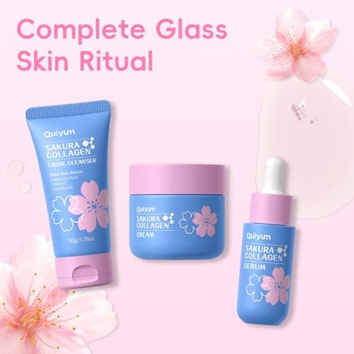 QUIYUM Sakura Collagen Skin Care Set - 5pcs Skincare with Facial Cleanser, Serum, Cream, Pink Facial Brush, Bunny Hair Band & Makeup Bag, Deep Cleansing, Hydrating, Firming, Even Tone, Radiance - Thumbnail 5