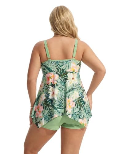Hanna Nikole Plus Size Tankini Womens Tankini Bathing Suits High Waisted Tankini Swimsuits for Women Plus Size Orange Flowers 24 Plus - Thumbnail 4