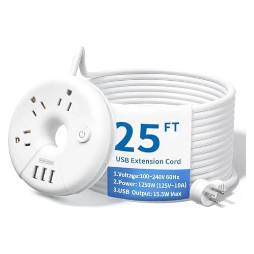 NTONPOWER Extra Long Extension Cord 25 ft, Flat Plug Power Strip with USB Ports, 3 Outlet Desktop Charging Station, Compact Wall Mount, Circuit Breaker, Home, Office, Dorm, Travel, Ideal for Old House - Image 1