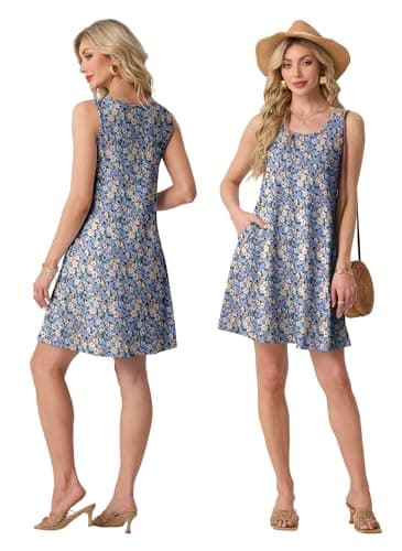 FREEOAK Womens Dresses Floral Print Short A-Line Casual Summer Sundress with Pockets Breathable Boho Beach Vacation Dress - Thumbnail 4