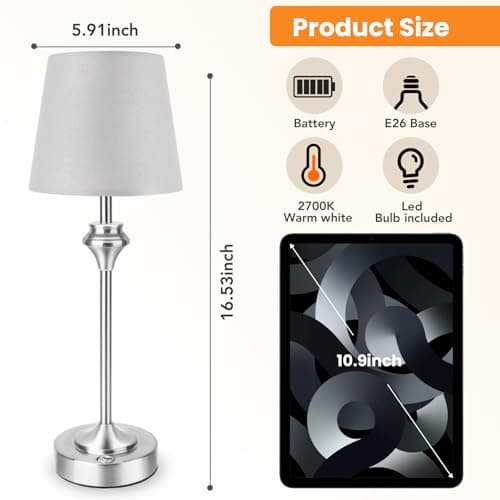 NIORSUN Portables Cordless Table Lamp,Flaxen Fabric Shade Battery Operated Lamp,5200mAh Bedside Table Lamp with Warm White,3 Way Dimmable Touch Desk Lamp for Bedroom Living Room Restaurant (Silver) - Thumbnail 3