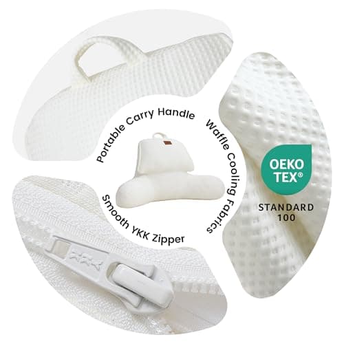 Amélie Home Premium Cooling Waffle Reading Pillow, Qmax>0.37 Ergonomic Backrest Support with Pocket & Handle, Breathable Lounging Pillow for Bed Sofa Floor Summer, 17 Inches, Ivory - Thumbnail 6