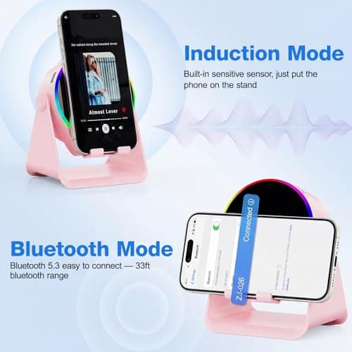 TARKARI Wireless Induction Speaker, 5 in 1 Bluetooth Speaker, 360 Rotation Cell Phone Stand and Colorful Ambient Light, Compatible with iPhone iPad Android Tablet, Gifts for Women - Thumbnail 4