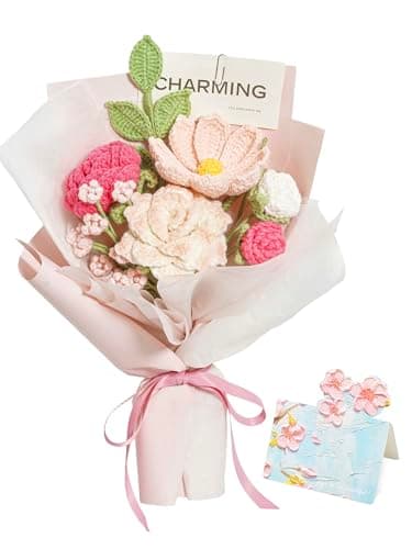 Crochet Flower Bouquet Handmade Pink Roses Artificial Flowers with Card Unique Mothers Day Graduation Birthday Gifts for Women Mom Girlfriend Wife Eternal Flores Knitting Decorations Home Decor - Image 1