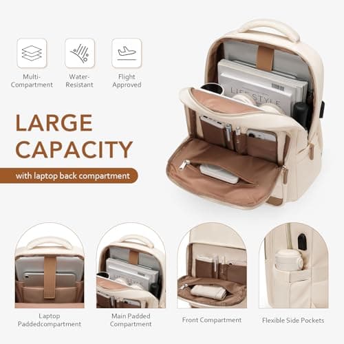 MDODO Laptop Backpack for Women,Travel Backpack with Laptop Compartment,Casual Daypack College Bookbag Computer Work Backpack,Beige - Thumbnail 3